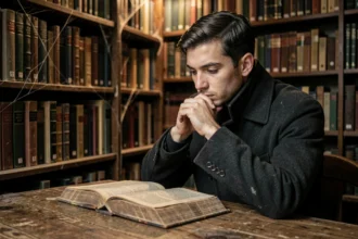 Jeune homme pensif en manteau sombre assis dans une bibliothèque ancienne, évoquant la stratégie et l'analyse psychologique d'un chef charismatique