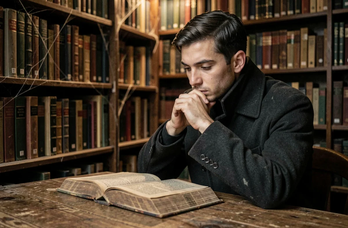 Jeune homme pensif en manteau sombre assis dans une bibliothèque ancienne, évoquant la stratégie et l'analyse psychologique d'un chef charismatique