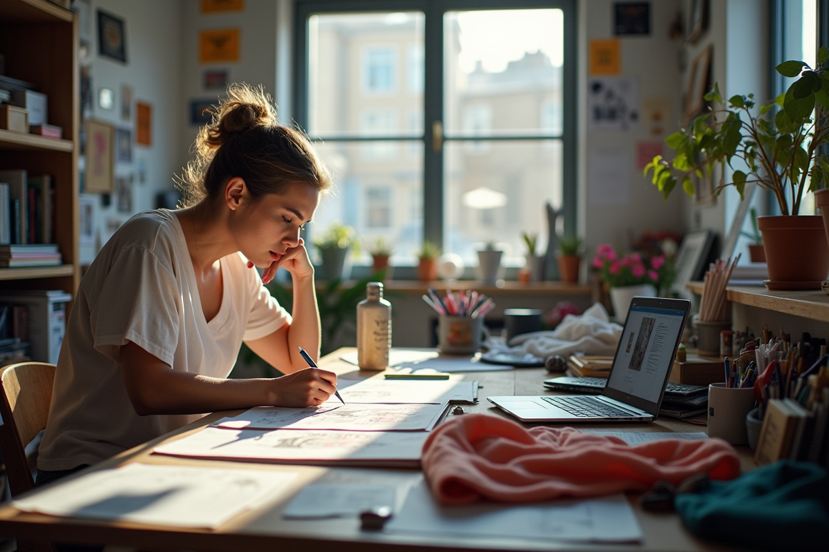 Studio de mode avec croquis et créateur en pleine réflexion