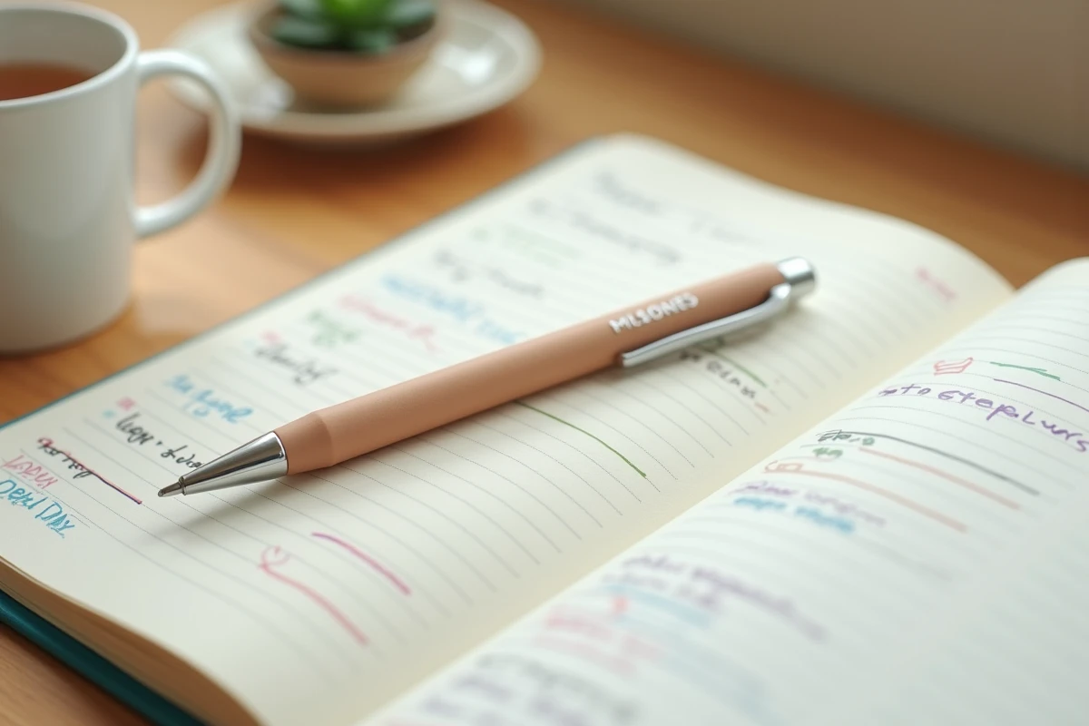 Gros plan sur un stylo 4 couleurs effaçable posé sur un agenda organisé avec des corrections visibles