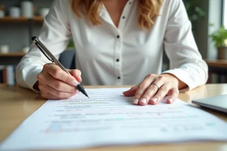 Femme utilisant un stylo 4 couleurs effaçable pour annoter des documents au bureau