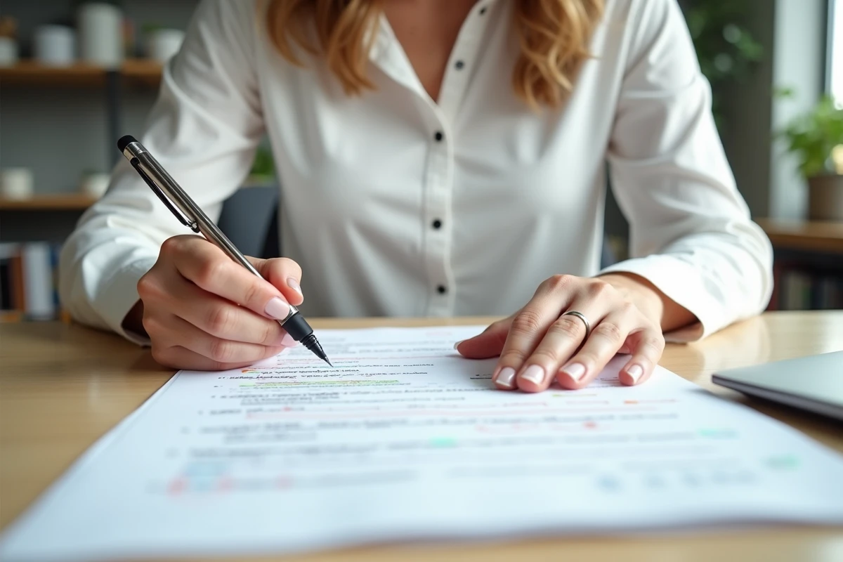 Femme utilisant un stylo 4 couleurs effaçable pour annoter des documents au bureau