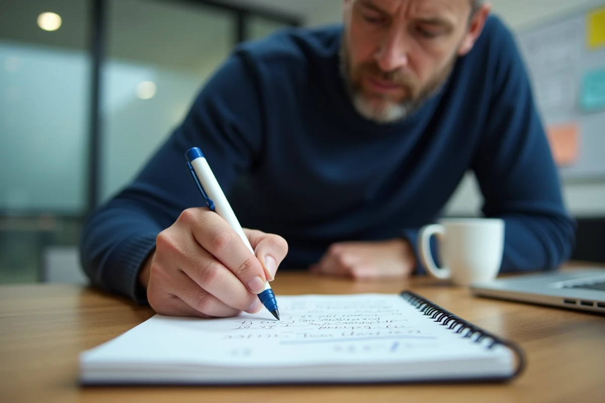 Homme effaçant et réécrivant des notes avec un stylo 4 couleurs effaçable lors d'une réunion