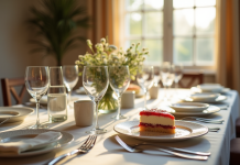 Table de diner élégante avec gâteau et verres à moitié pleins