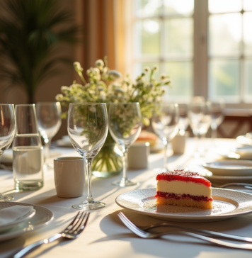 Table de diner élégante avec gâteau et verres à moitié pleins