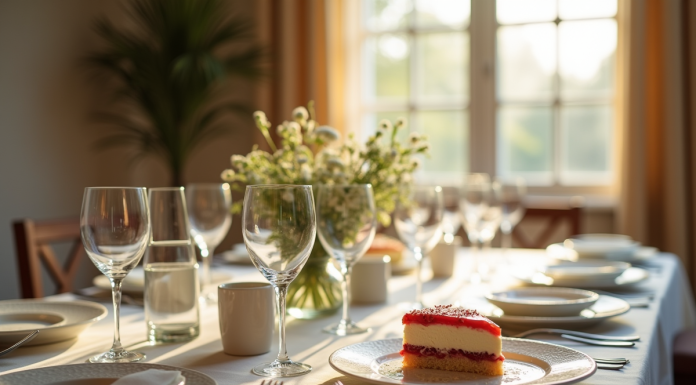 Table de diner élégante avec gâteau et verres à moitié pleins