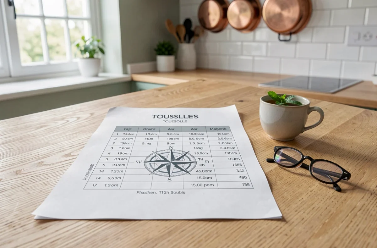 Tableau imprimable des horaires de prière mensuels pour Toulouse posé sur une table de cuisine avec du thé à la menthe