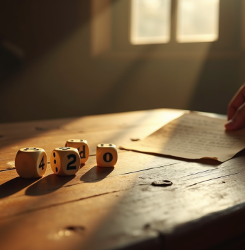 Table en bois ancien avec dés en ivoire et règle manuscrite