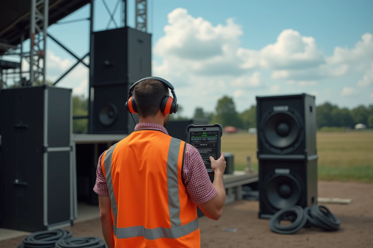 Technicien son mesurant les décibels avec une tablette lors du montage d'un concert en plein air