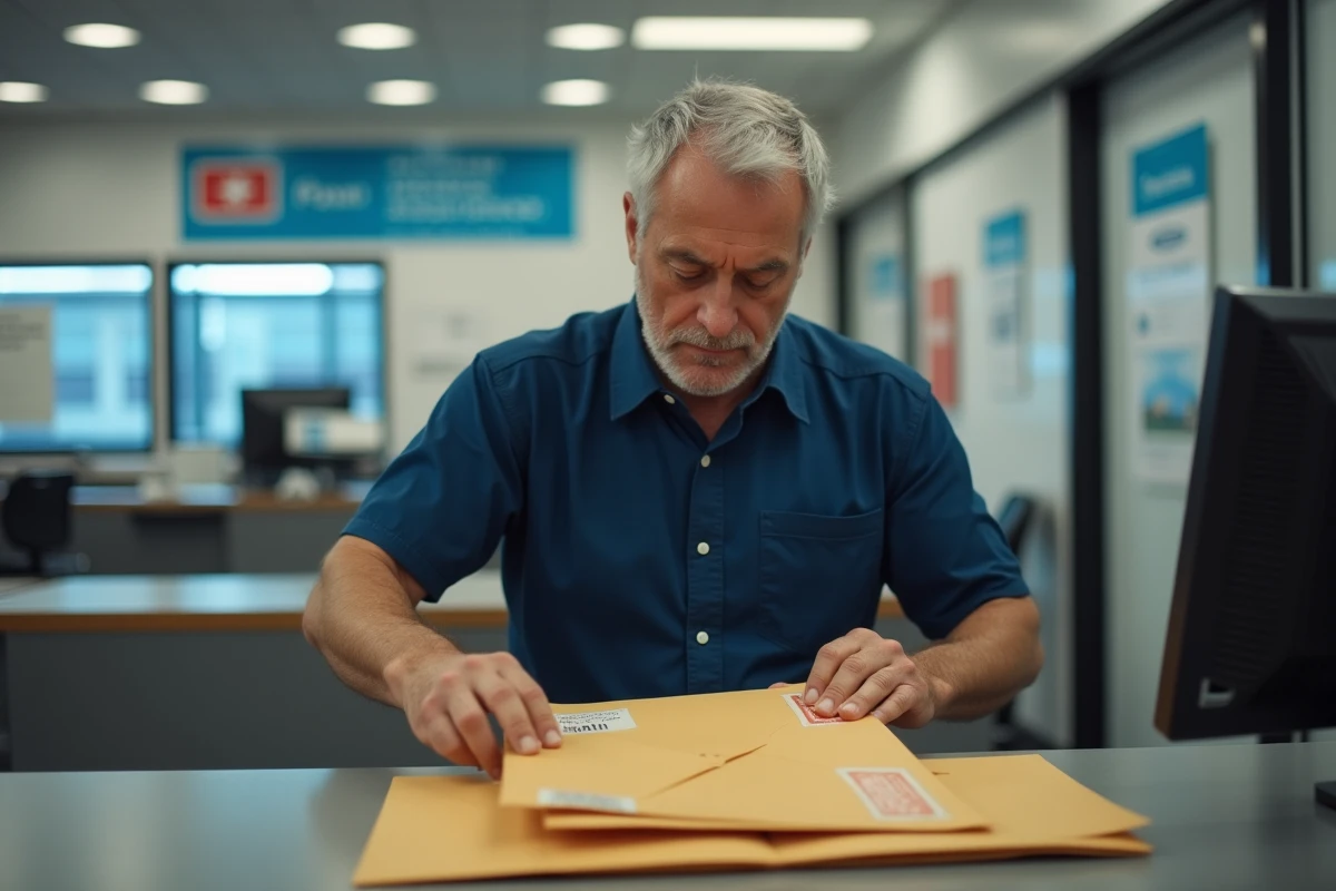 Homme plaçant un timbre postal dans le coin droit d'une enveloppe kraft au guichet d'un bureau de poste