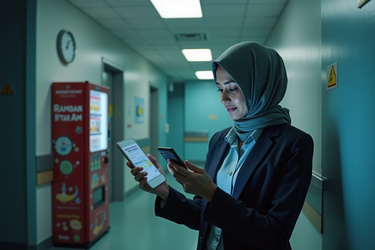 Infirmière en horaires décalés vérifiant les heures de Ramadan sur son téléphone à Lyon