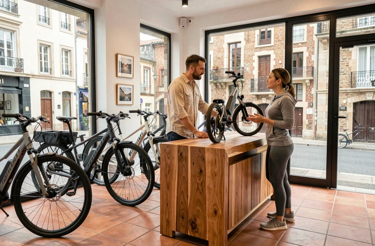 Intérieur du magasin Vélo Ciel à Bayonne avec des vélos électriques exposés et un conseiller aidant une cliente