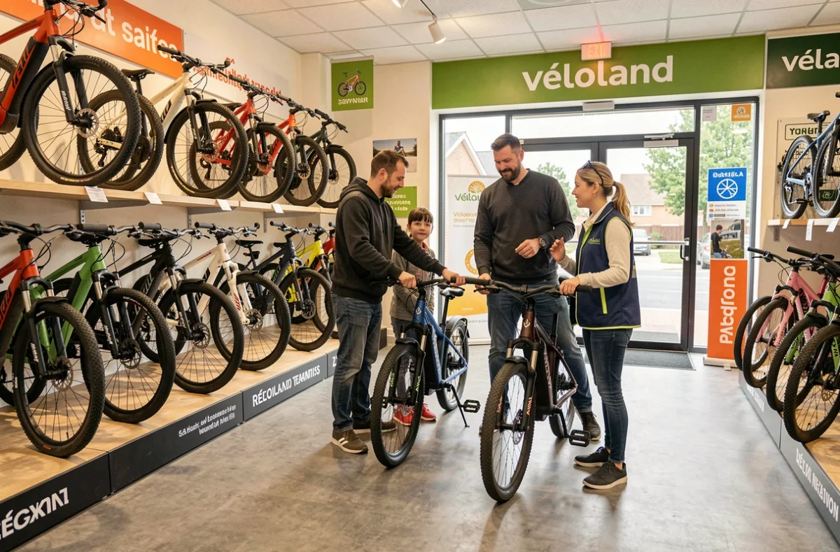 Magasin Véloland à Saintes avec une famille en train de choisir un vélo électrique assistée par une conseillère