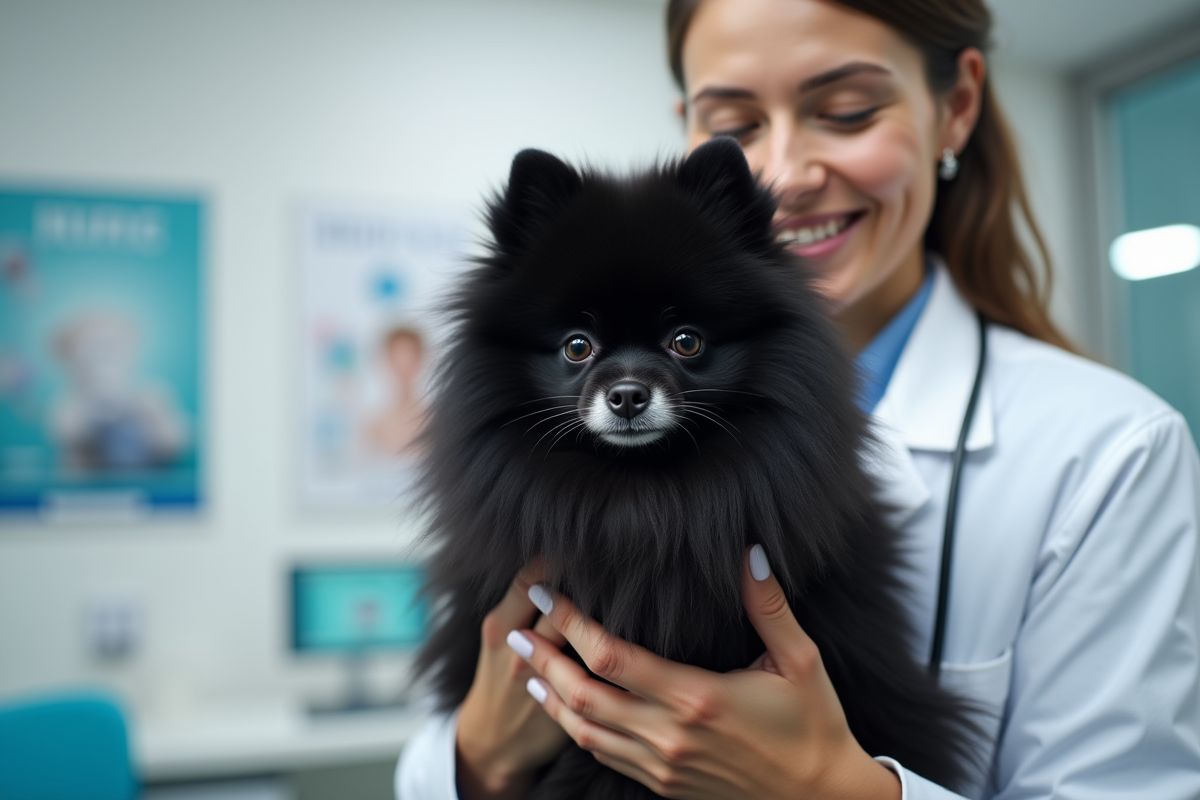 Vétérinaire tenant un Pomeranian noir en consultation