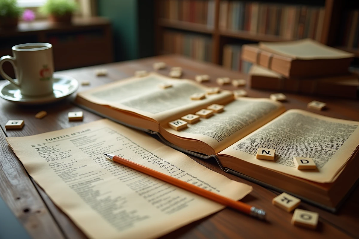 Vue de dessus d'une table avec lettres éparpillées, dictionnaire ouvert et grille de mots mystères manuscrite